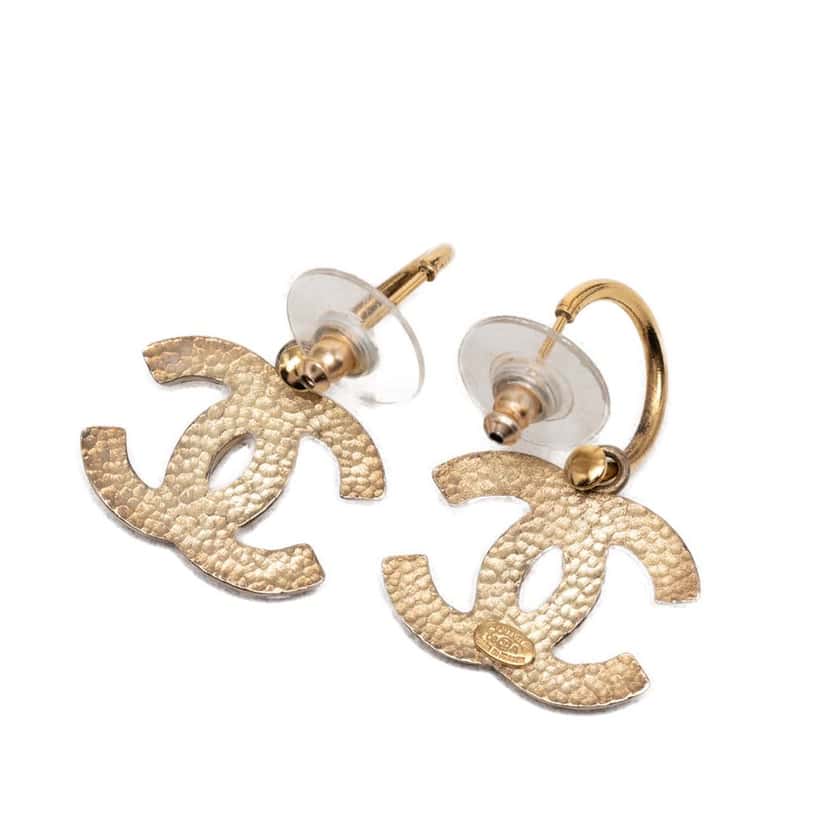 Chanel CC Gold Plated Enamel Drop Push Back Earrings Gold Metal Very good condition - Back View