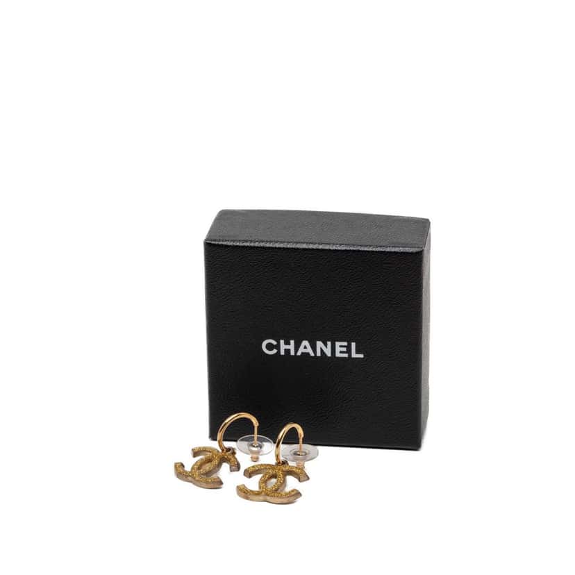 Chanel CC Gold Plated Enamel Drop Push Back Earrings Gold Metal Very good condition - Model View
