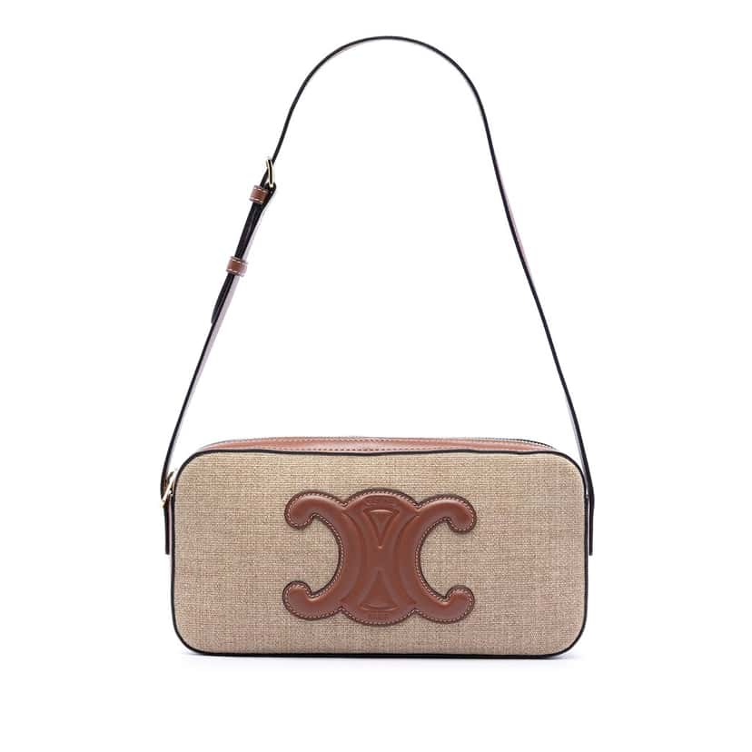 Celine Canvas and Calfskin Cuir Triomphe Camera Shoulder Bag Beige Leather Very good condition - Front View