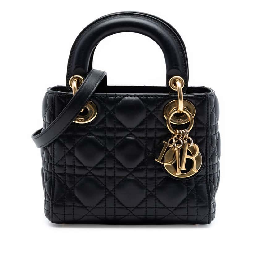 Dior Mini Lambskin Cannage Lady Dior Black Leather Very good condition - Front View