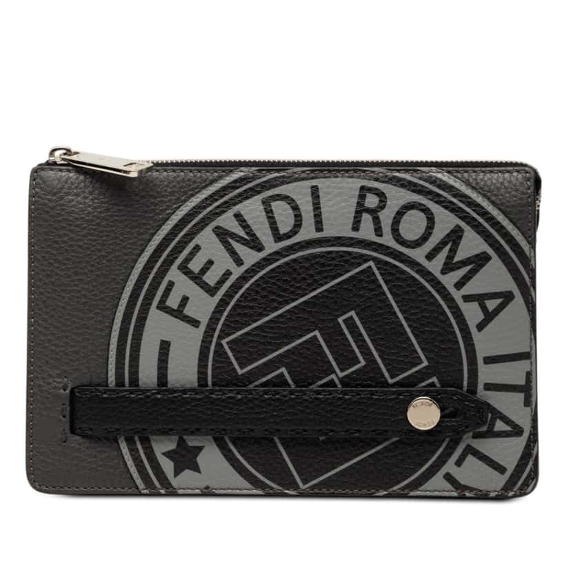 Fendi Grained Leather Roma Selleria Zip Clutch Black Leather Very good condition - Front View