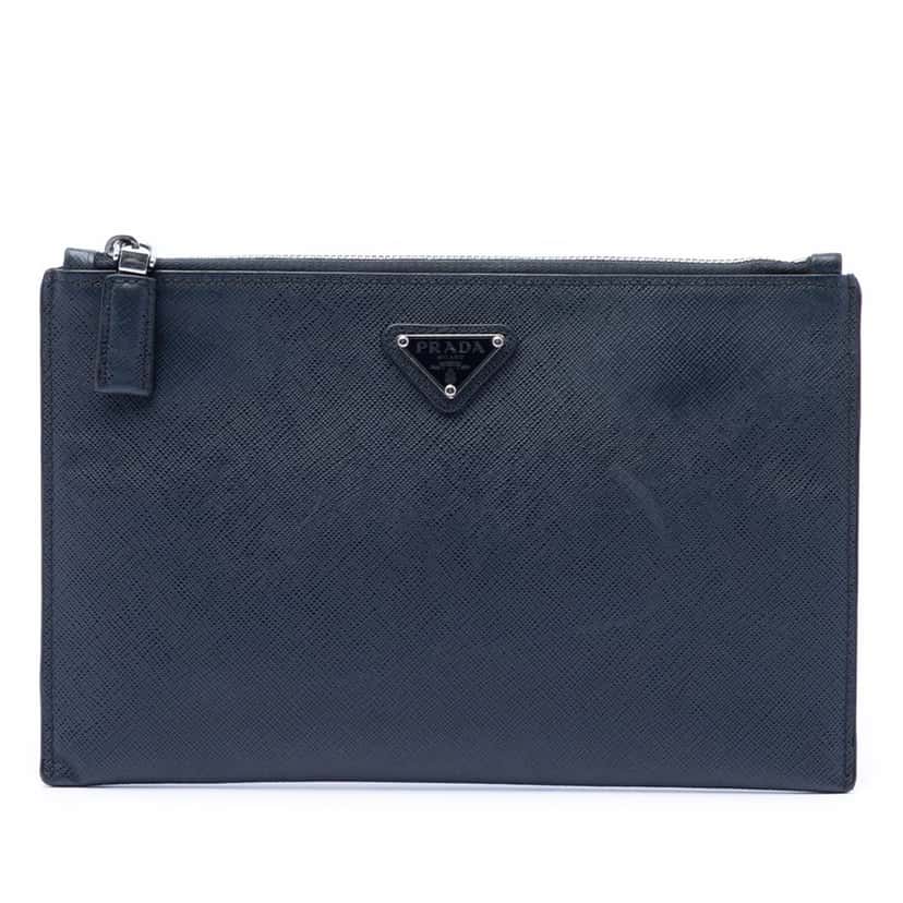 Prada Saffiano Clutch Blue Leather Very good condition - Front View