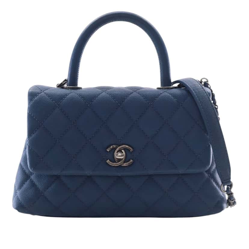 Chanel Mini Quilted Caviar Coco Top Handle Bag Blue Leather Very good condition - Front View