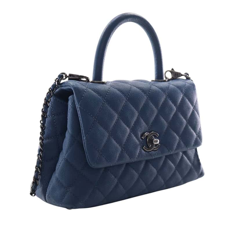 Chanel Mini Quilted Caviar Coco Top Handle Bag Blue Leather Very good condition - Back View