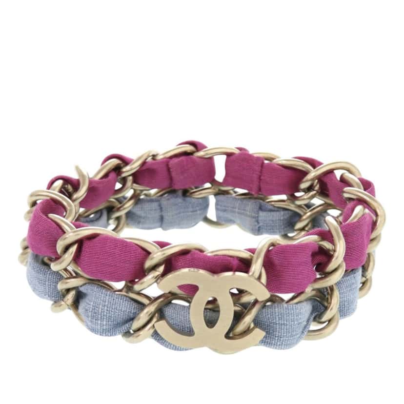 Chanel CC Brass and Fabric Woven Double Bracelet Silver Metal Very good condition - Front View