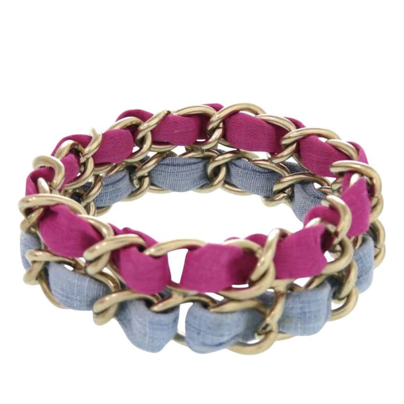 Chanel CC Brass and Fabric Woven Double Bracelet Silver Metal Very good condition - Back View