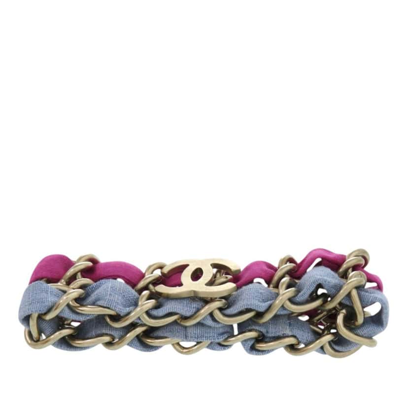 Chanel CC Brass and Fabric Woven Double Bracelet Silver Metal Very good condition - Model View