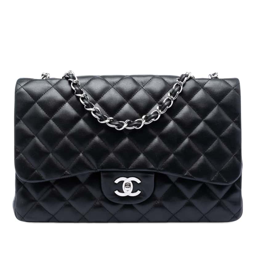 Chanel Jumbo Classic Lambskin Single Flap Black Leather Very good condition - Front View