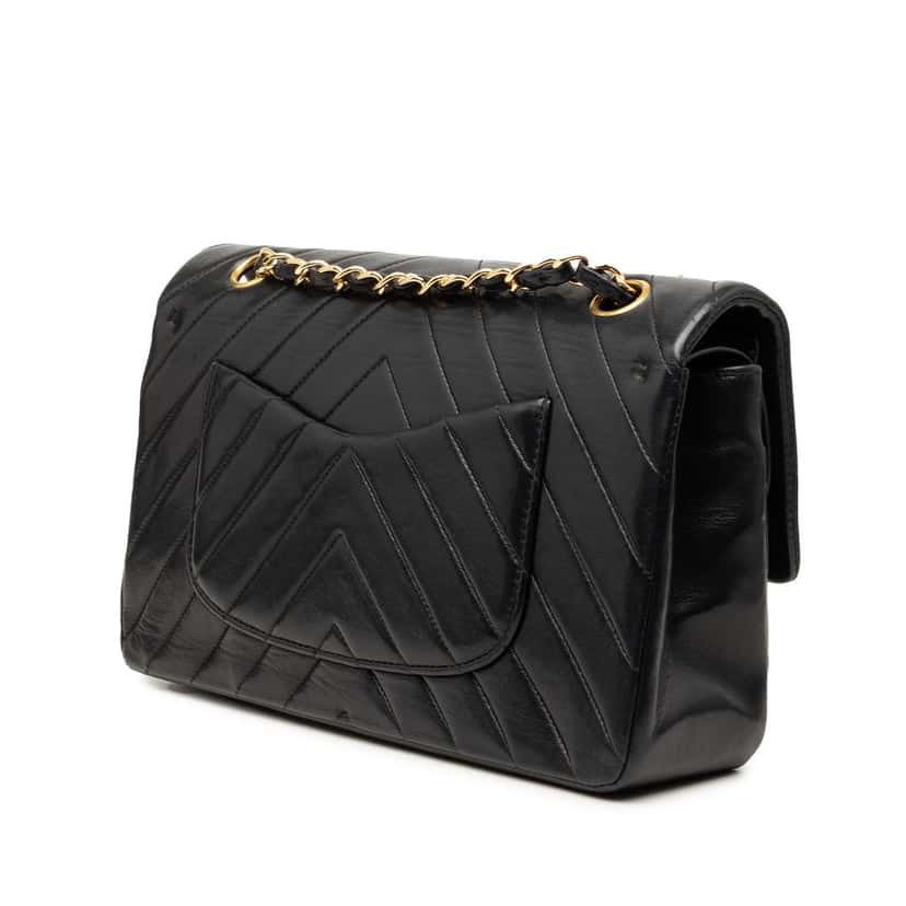 Chanel Medium Classic Chevron Lambskin Double Flap Black Leather Very good condition - Back View