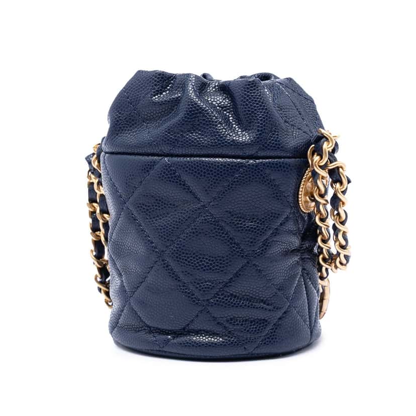 Chanel Mini Quilted Caviar Medallion Charms Drawstring Bucket Bag Blue Leather Very good condition - Back View