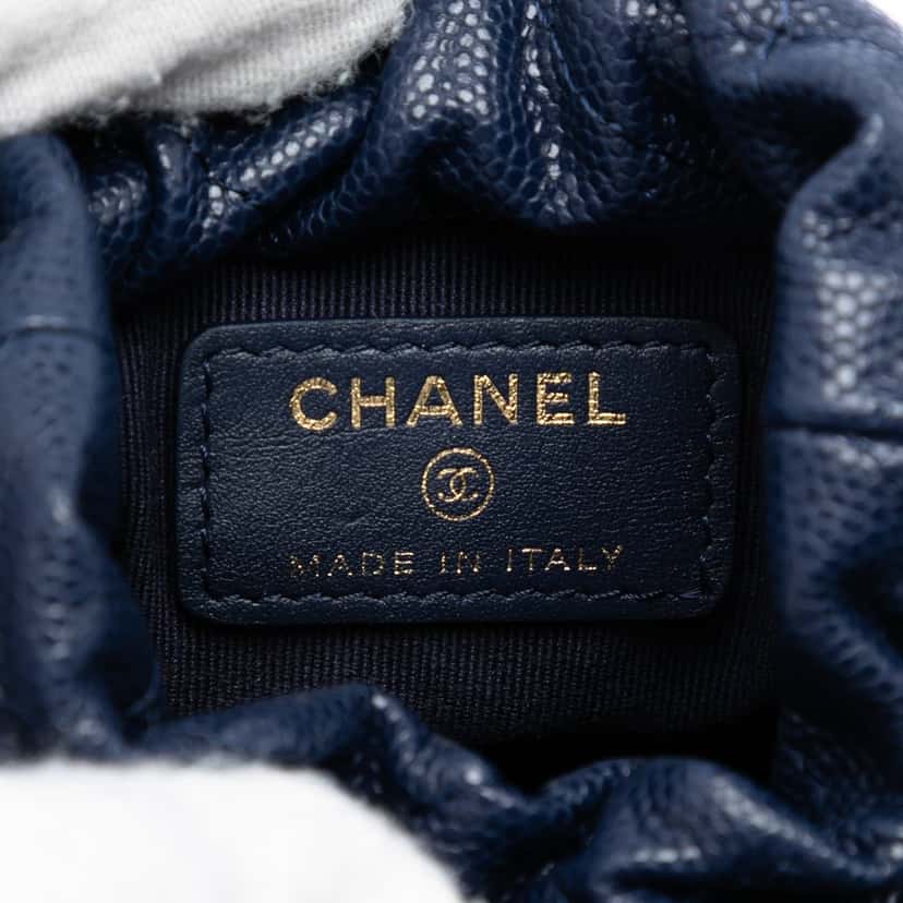 Chanel Mini Quilted Caviar Medallion Charms Drawstring Bucket Bag Blue Leather Very good condition - Box View