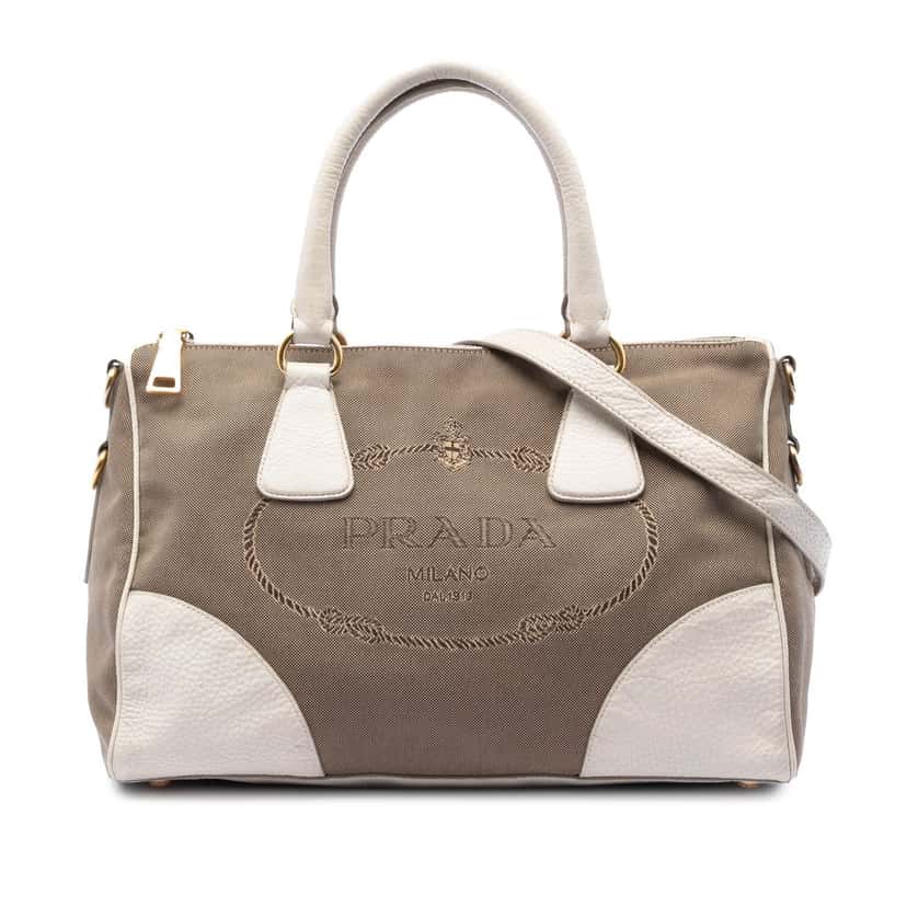 Prada Vitello Daino Trimmed Canvas Canapa Logo Satchel Brown Good condition - Front View