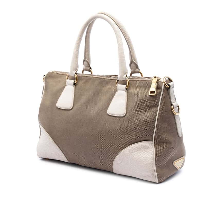 Prada Vitello Daino Trimmed Canvas Canapa Logo Satchel Brown Good condition - Back View