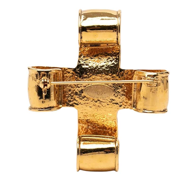 Chanel CC Gold Plated Ribbon Cross Brooch Gold Metal Very good condition - Back View