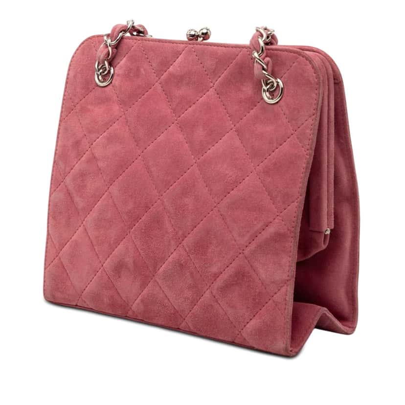 Chanel CC Quilted Suede Kiss Lock Handbag Pink Leather Very good condition - Back View