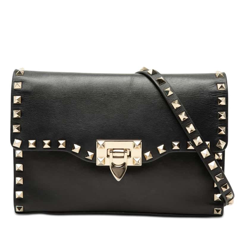 Valentino Small Leather Rockstud Flap Crossbody Black Leather Very good condition - Front View