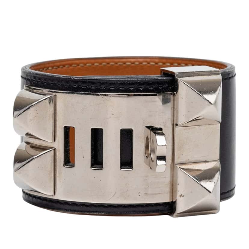 Hermès Swift and Palladium Plated Collier de Chien Bracelet S Black Leather Very good condition - Front View