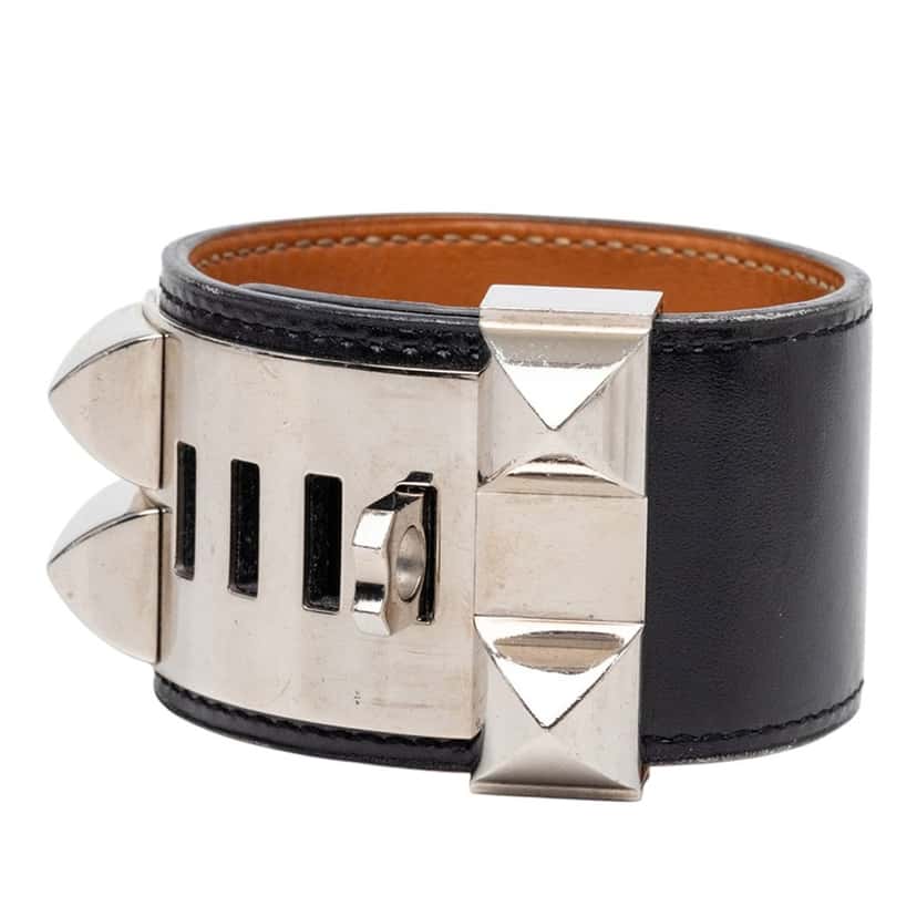 Hermès Swift and Palladium Plated Collier de Chien Bracelet S Black Leather Very good condition - Back View