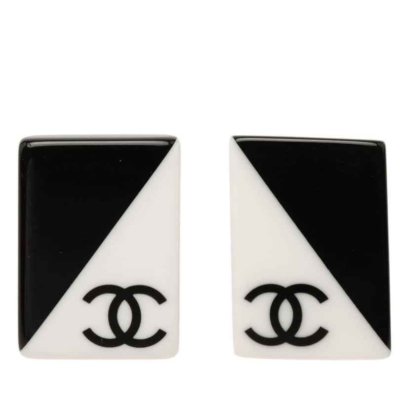 Chanel CC Bicolor Acrylic Rectangular Clip On Earrings Black Plastic Very good condition - Front View