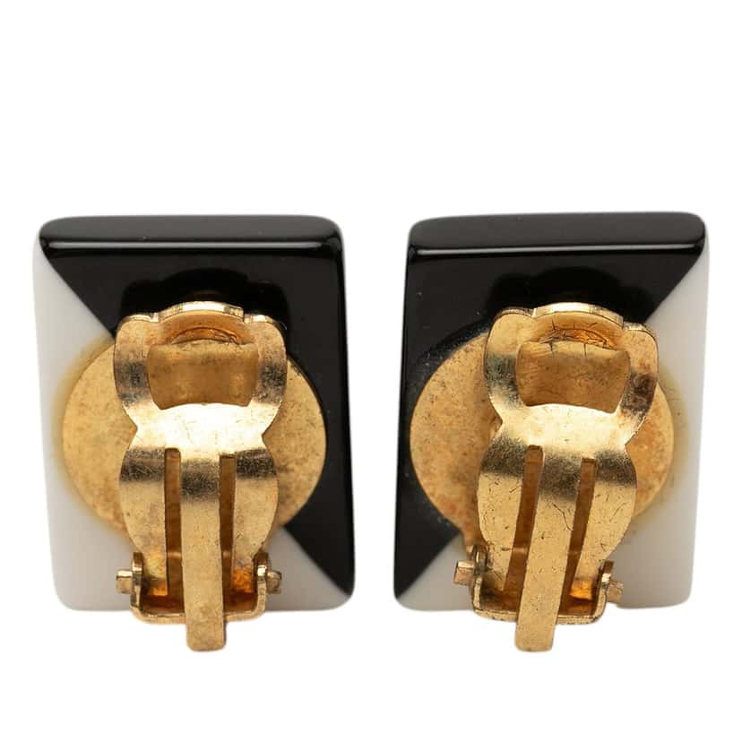 Chanel CC Bicolor Acrylic Rectangular Clip On Earrings Black Plastic Very good condition - Back View