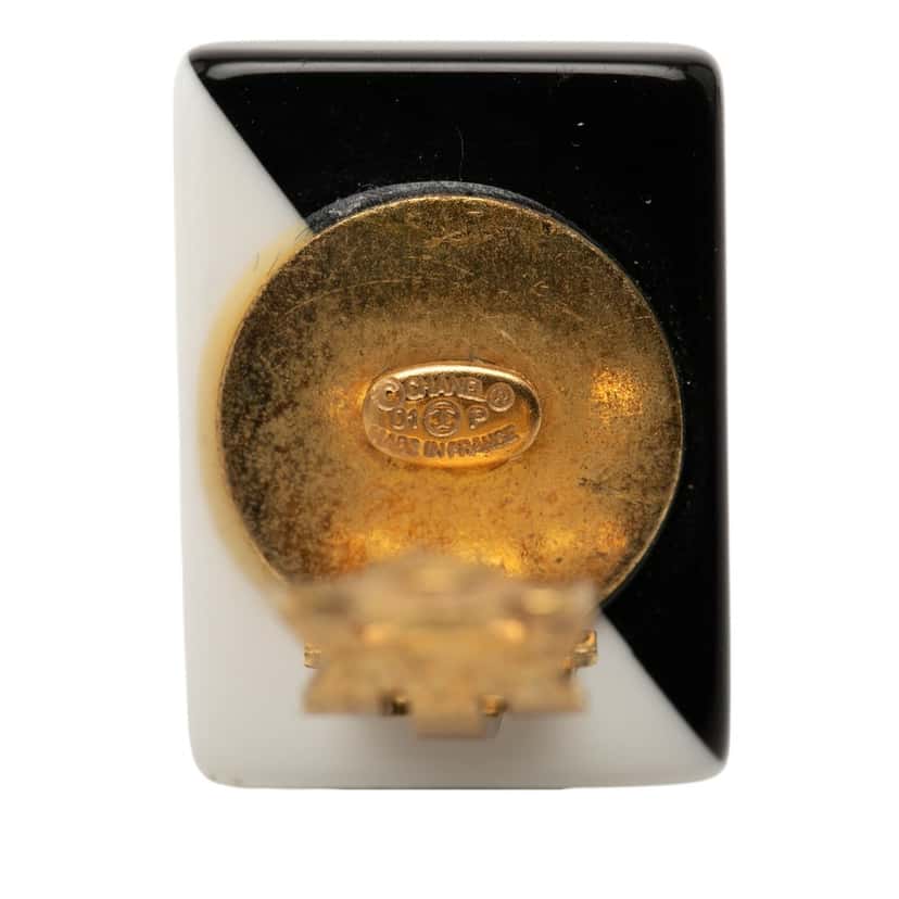 Chanel CC Bicolor Acrylic Rectangular Clip On Earrings Black Plastic Very good condition - Inside View