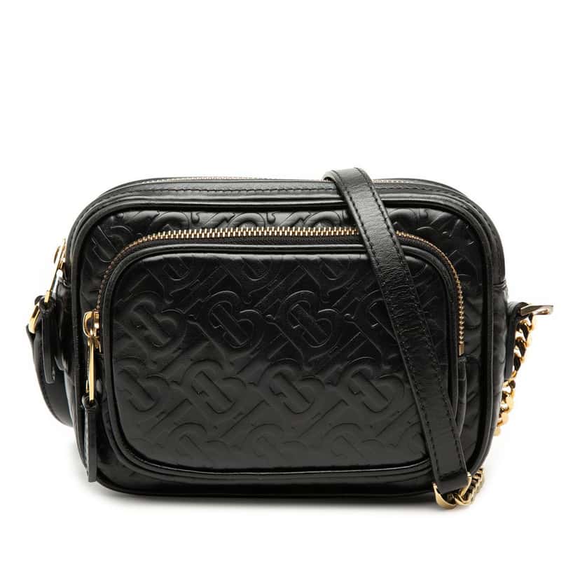 Burberry Embossed Calfskin TB Monogram Camera Chain Crossbody Black Leather Very good condition - Front View