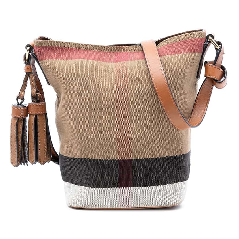 Burberry Mini Mega Check Canvas Ashby Tassel Bucket Bag Brown Very good condition - Front View