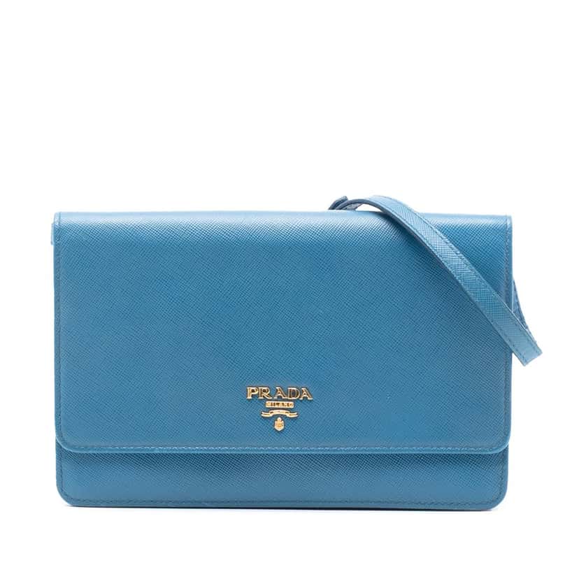 Prada Saffiano Wallet on Strap Blue Leather Never worn, with tag - Front View
