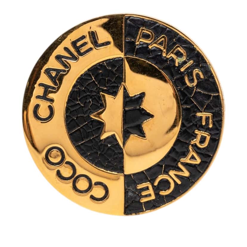 Chanel Gold Plated Enamel Coco Star Logo Round Brooch Gold Metal Very good condition - Front View