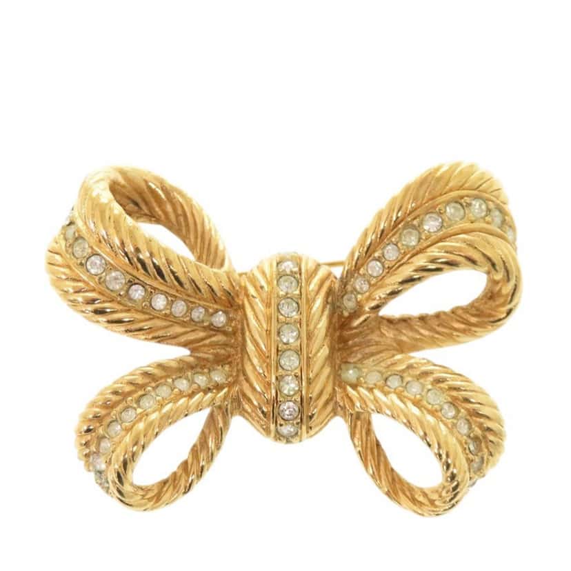 Dior Gold Plated Strass Bow Brooch Gold Metal Very good condition - Front View