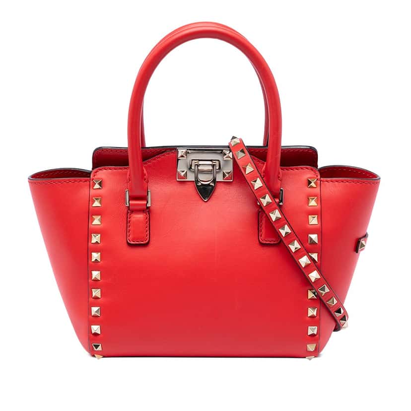 Valentino Mini Leather Rockstud Double Handle Tote Red Leather Very good condition - Front View
