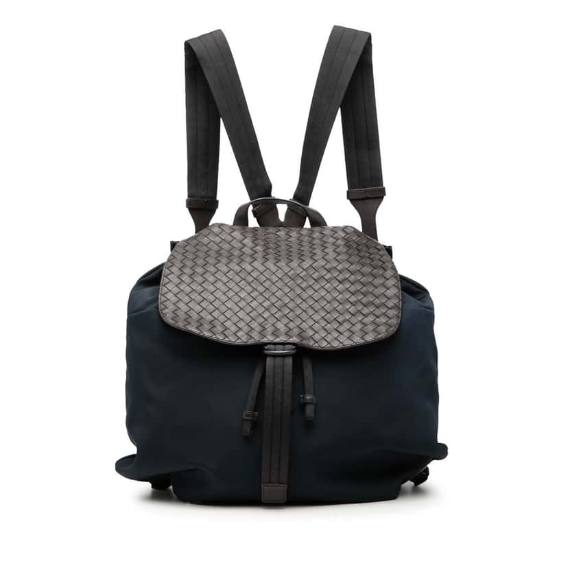 Bottega Veneta Canvas and Nappa Intrecciato Flap Backpack Blue Very good condition - Front View