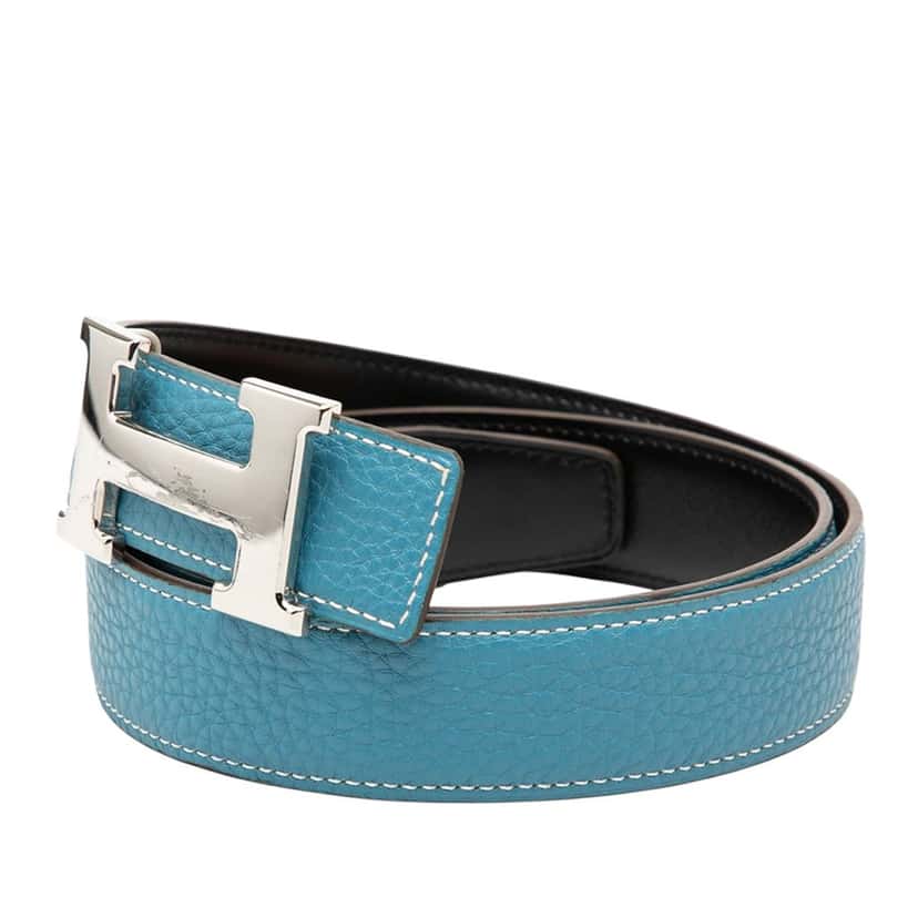 Hermès Togo and Box Calf Constance H Reversible Belt Blue Leather Very good condition - Back View
