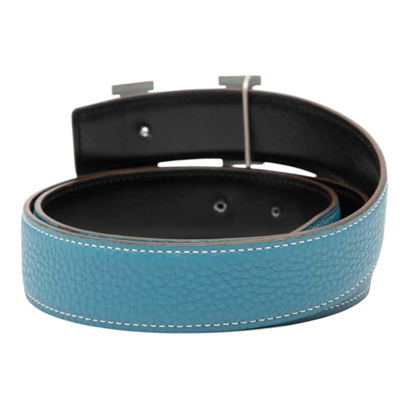 Hermès Togo and Box Calf Constance H Reversible Belt Blue Leather Very good condition - Inside View