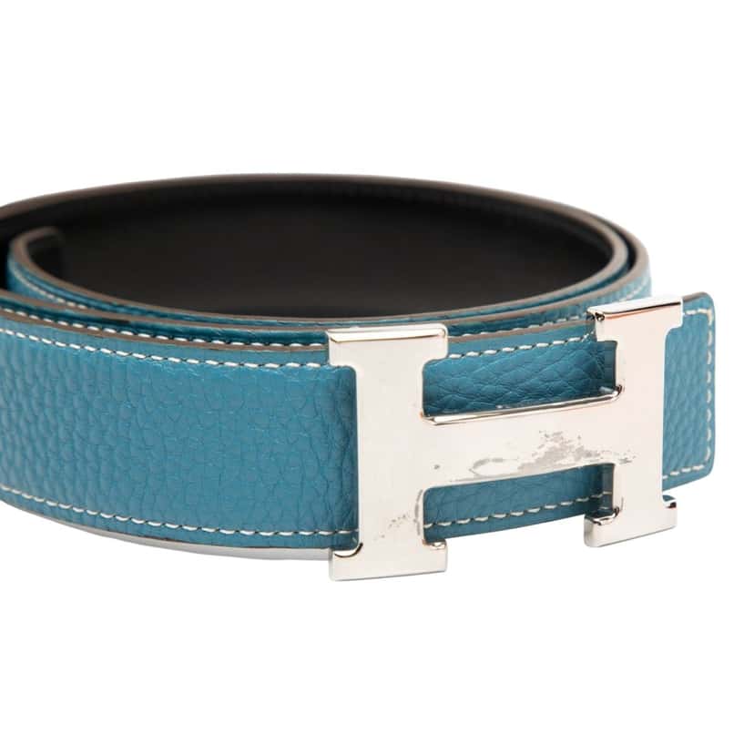 Hermès Togo and Box Calf Constance H Reversible Belt Blue Leather Very good condition - Model View