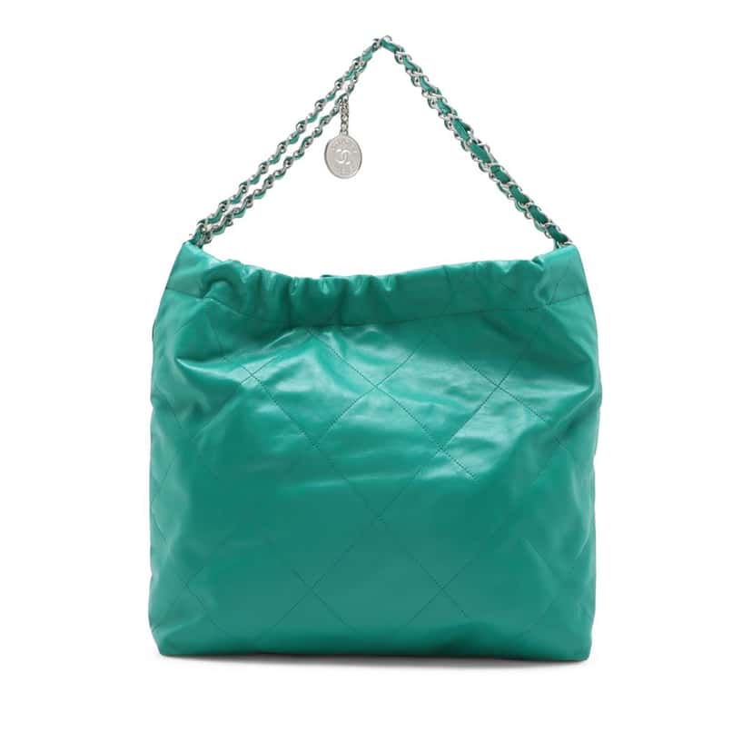 Chanel Medium Quilted Shiny Calfskin 22 Handbag Green Leather Very good condition - Back View