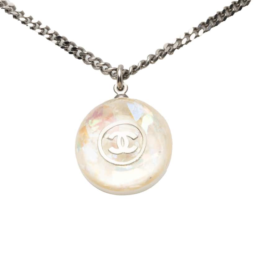 Chanel CC Brass Resin Ball Pendant Necklace Silver Metal Very good condition - Front View