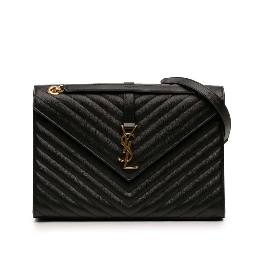 Saint Laurent Large Chevron Grain de Poudre Monogram Envelope Bag Black Leather Very good condition - Front View
