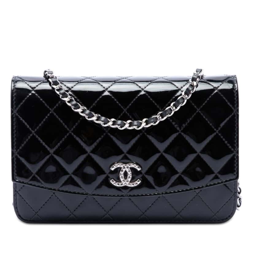 Chanel CC Quilted Patent Brilliant Wallet On Chain Black Leather Very good condition - Front View