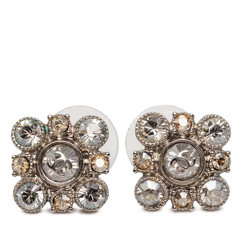 Chanel CC Brass Strass Floral Push Back Earrings Silver Metal Very good condition - Front View
