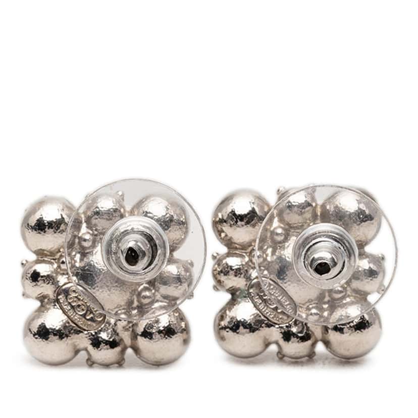 Chanel CC Brass Strass Floral Push Back Earrings Silver Metal Very good condition - Back View