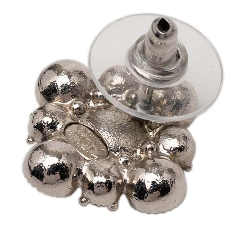 Chanel CC Brass Strass Floral Push Back Earrings Silver Metal Very good condition - Inside View