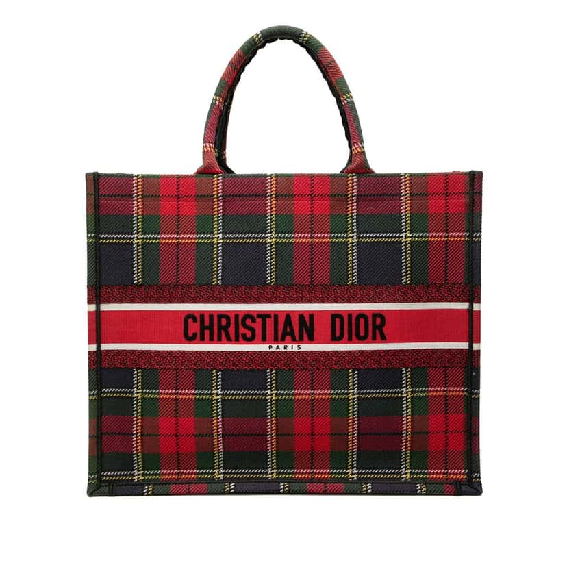 Dior Large Embroidered Canvas Tartan Check Book Tote White Very good condition - Front View