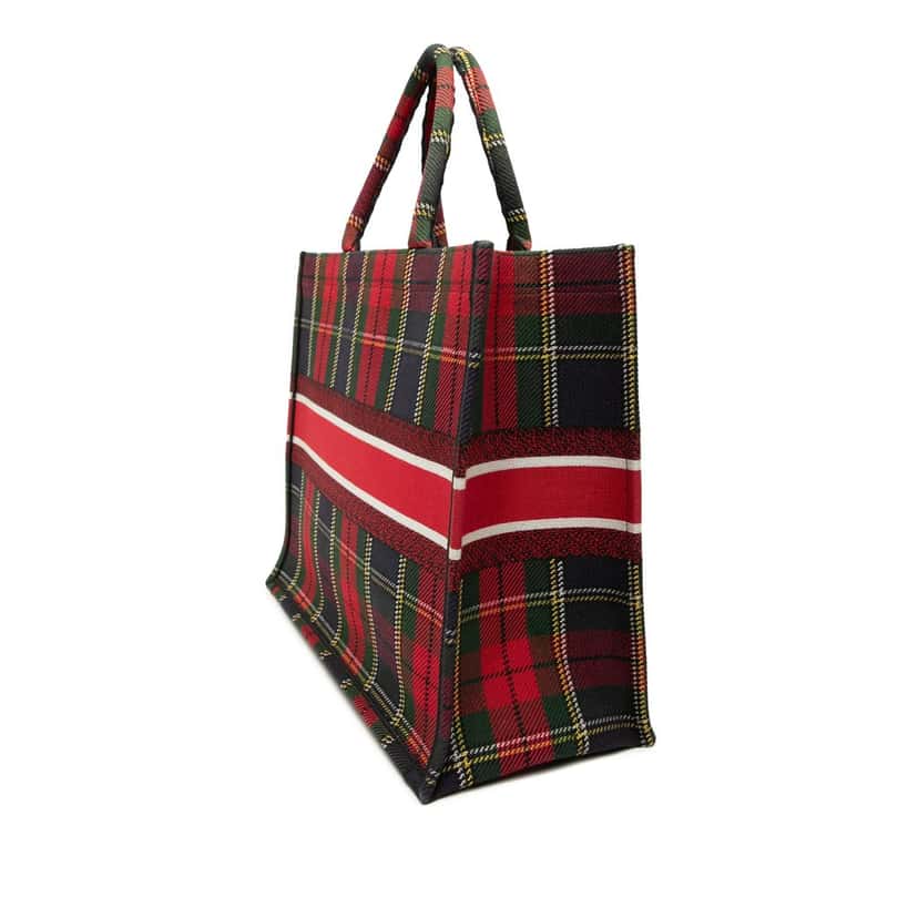 Dior Large Embroidered Canvas Tartan Check Book Tote White Very good condition - Back View