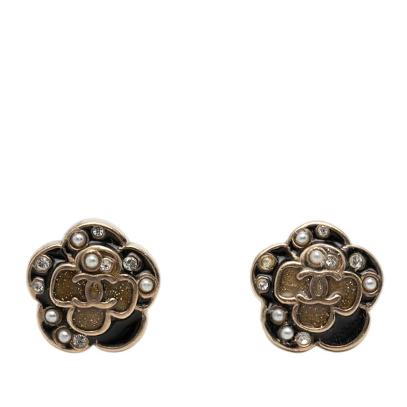 Chanel CC Brass Enamel Faux Pearl and Strass Flower Earrings Gold Metal Very good condition - Front View