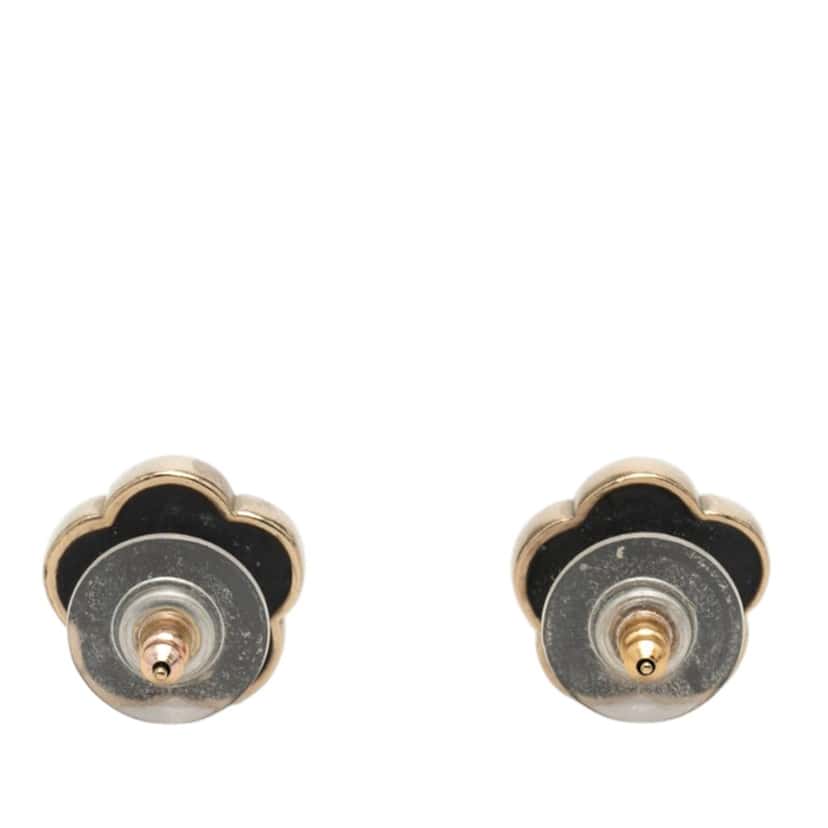 Chanel CC Brass Enamel Faux Pearl and Strass Flower Earrings Gold Metal Very good condition - Back View