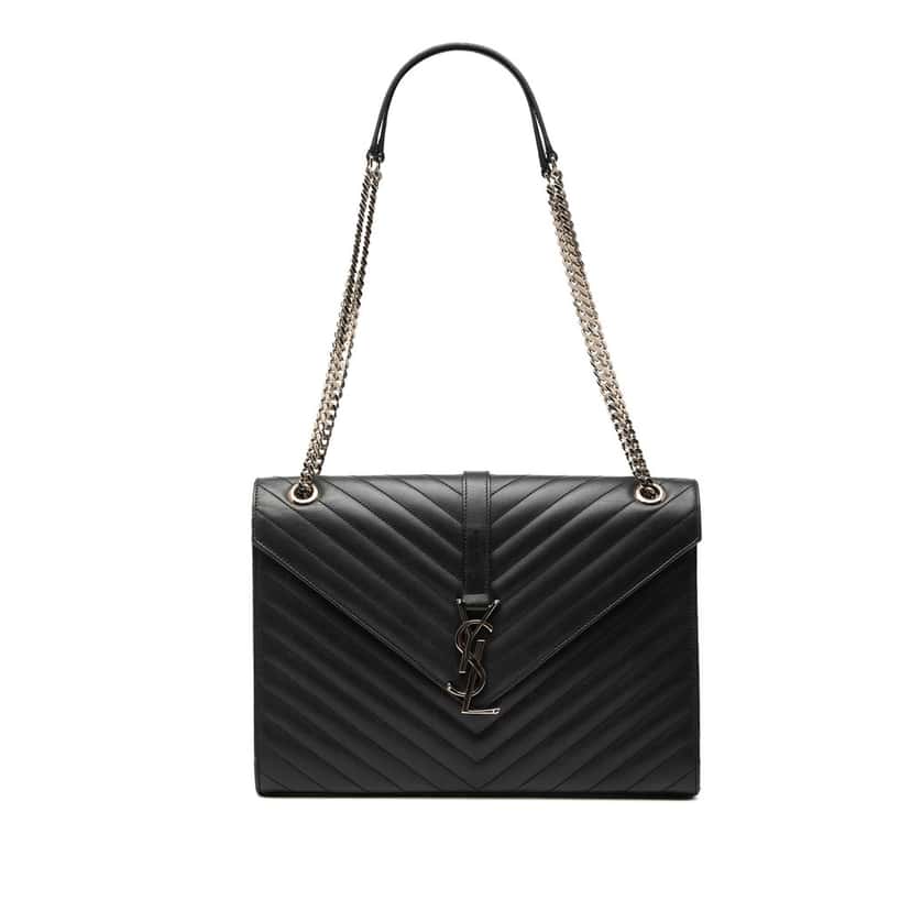 Saint Laurent Large Calfskin Chevron Monogram Envelope Bag Black Leather Very good condition - Front View