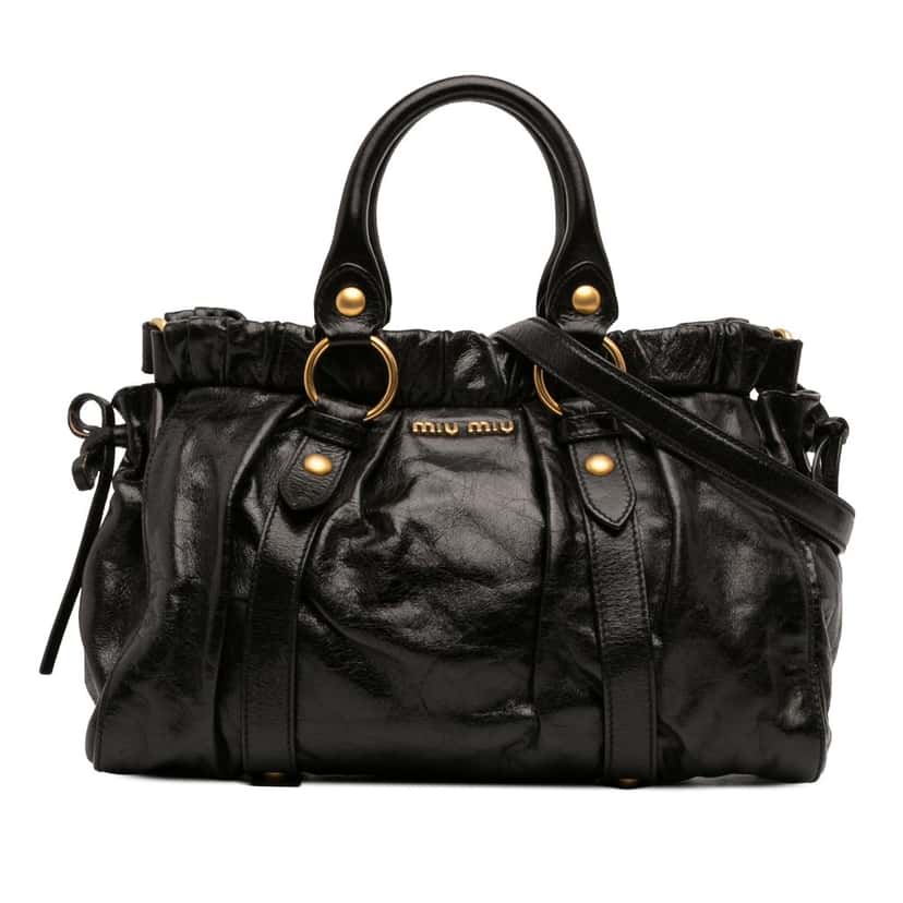 Miu Miu Vitello Lux Gathered Satchel Black Leather Very good condition - Front View