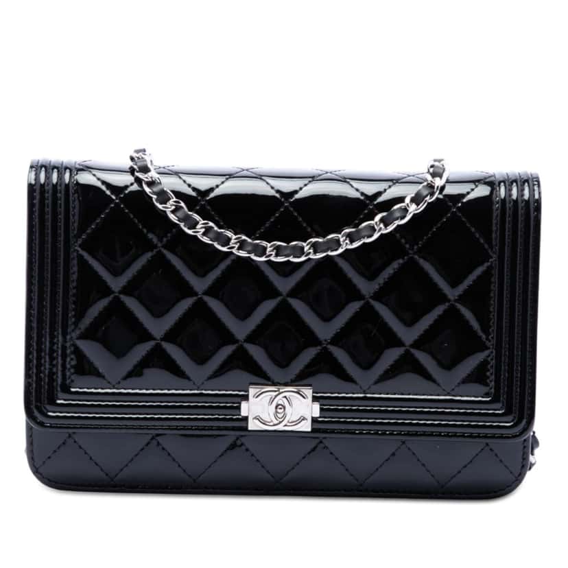 Chanel Quilted Patent Boy Wallet on Chain Black Leather Very good condition - Front View