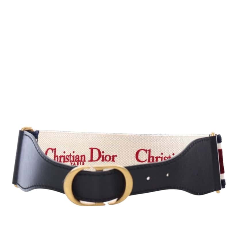 Dior Leather and Embroidered Canvas Wide Belt Black Leather Very good condition - Front View